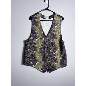 Vintage 90’s Leopard Floral Vest Button Front Cotton Denim Women's Size Large